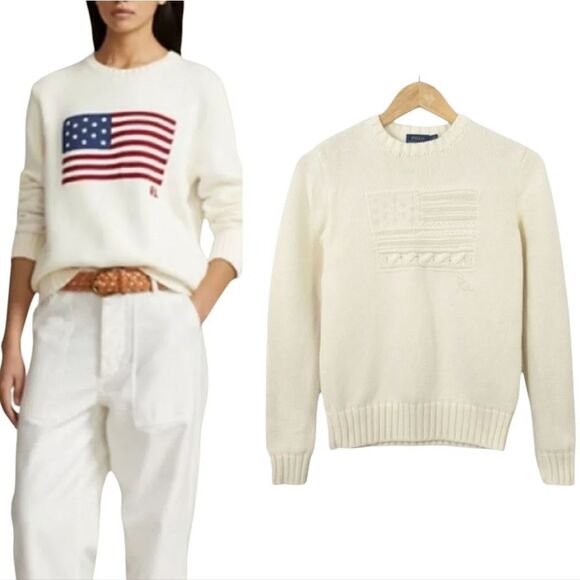 NEW Polo Ralph Lauren Iconic Embroidered American Flag Sweater in Ivory Size S - Picture 1 of 12